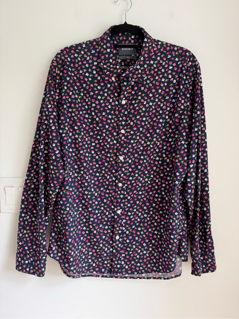 Bonobos Mens L Button Down Shirt Blue Floral Slim Fit Long Sleeve